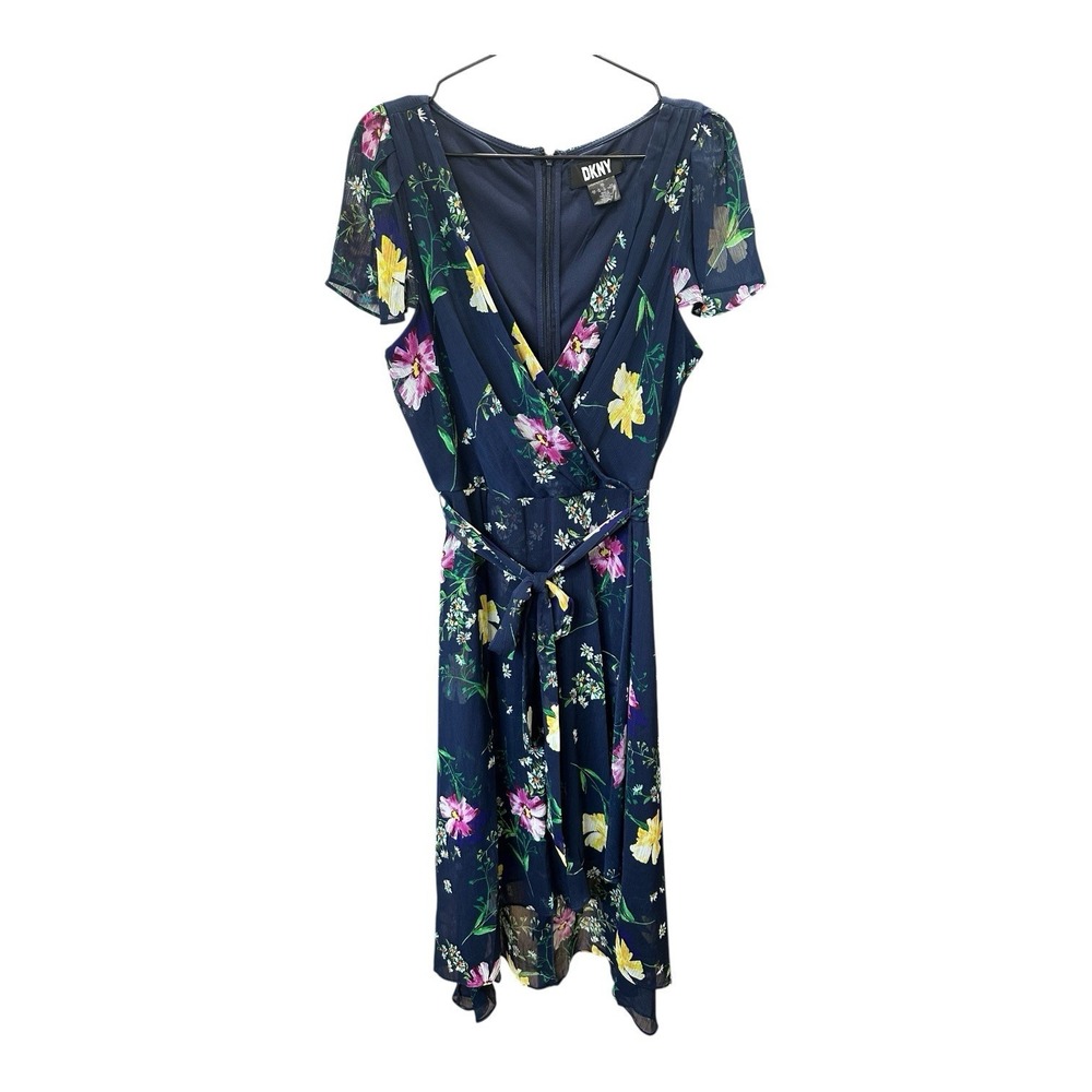 DKNY Women Navy Floral Airy Flowy Sleeve Asymmetrical Faux Wrap Dress Size 12
